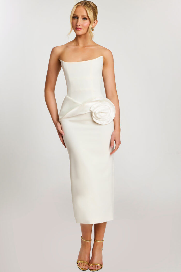 white midid dress with floral details 48208
