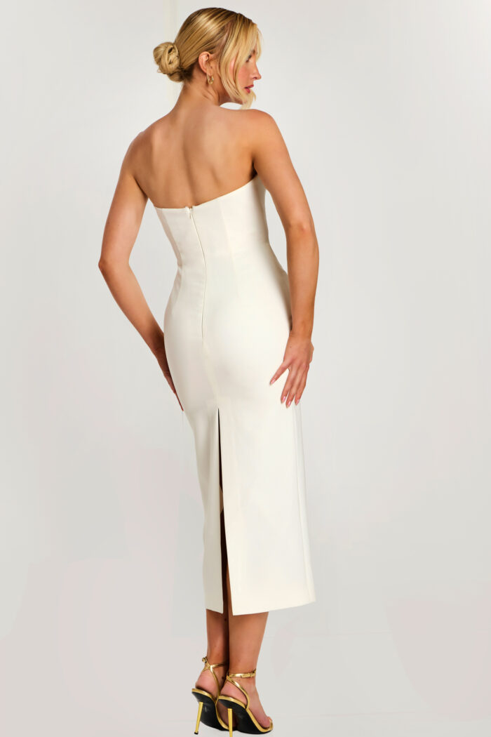 contemporary white fitted dress with back slit 48208