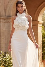 Elegant halter midi dress with textured floral neckline