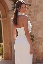 Sculpted halter neck midi dress with floral appliqué bodice