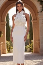 Statement halter midi dress with layered floral collar