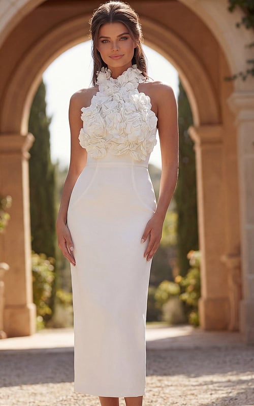 Statement halter midi dress with layered floral collar