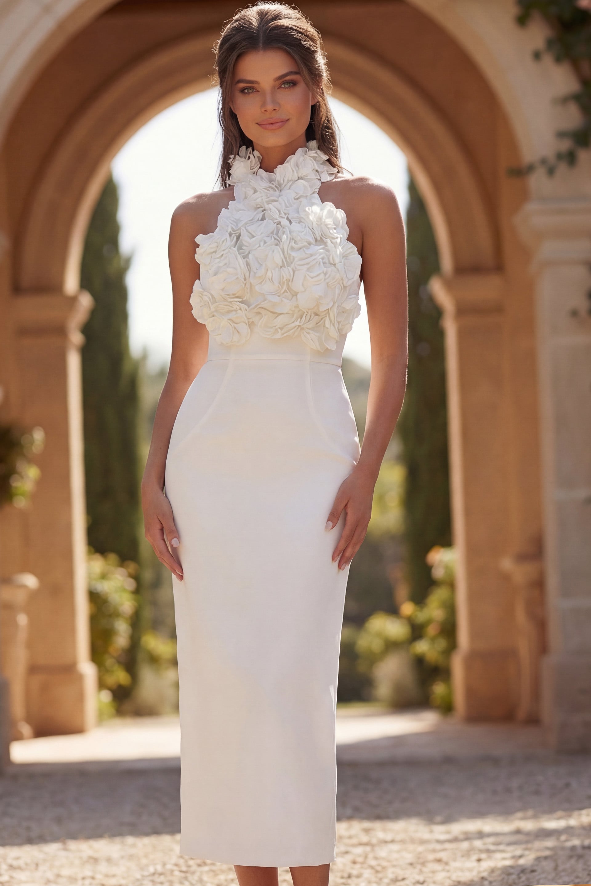 48214-3 Statement halter midi dress with layered floral collar