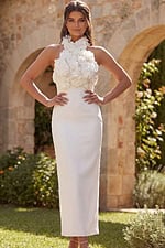 Floral halter neck midi dress with fitted silhouette