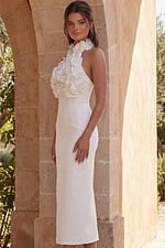 Sculpted halter neck dress with floral appliqué bodice