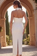 Backless floral halter midi dress with tailored silhouette