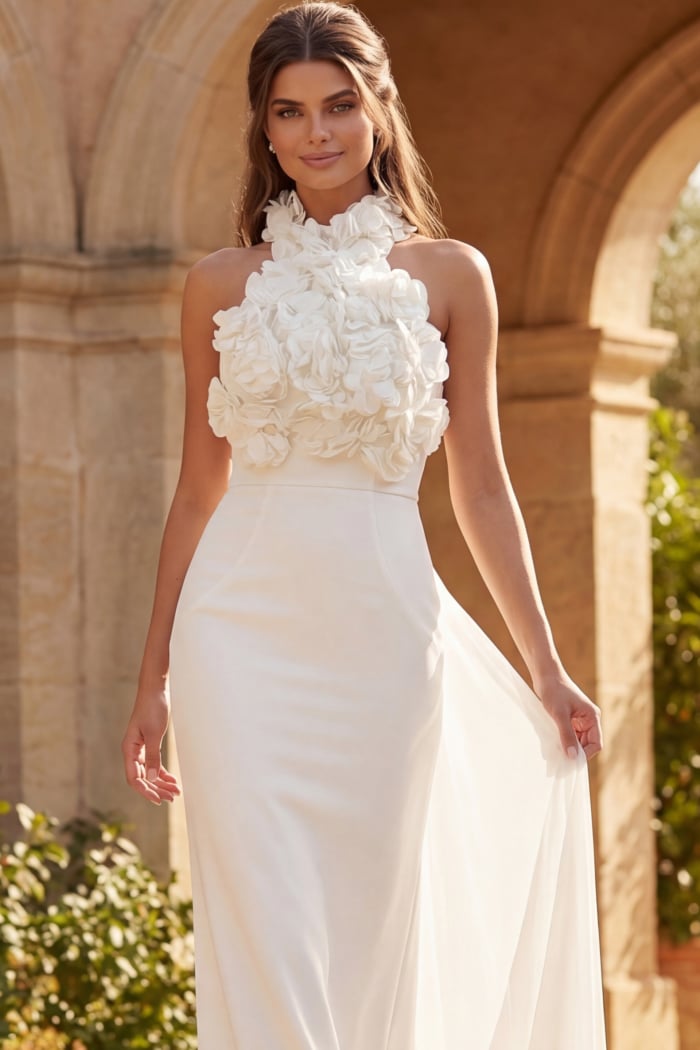 Elegant halter midi dress with textured floral neckline