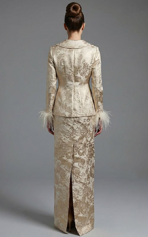 Back view of structured brocade jacket and fitted long skirt with slit