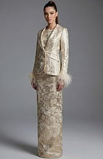 Front view of tailored brocade jacket with matching column skirt ensemble