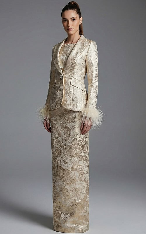 Front view of tailored brocade jacket with matching column skirt ensemble