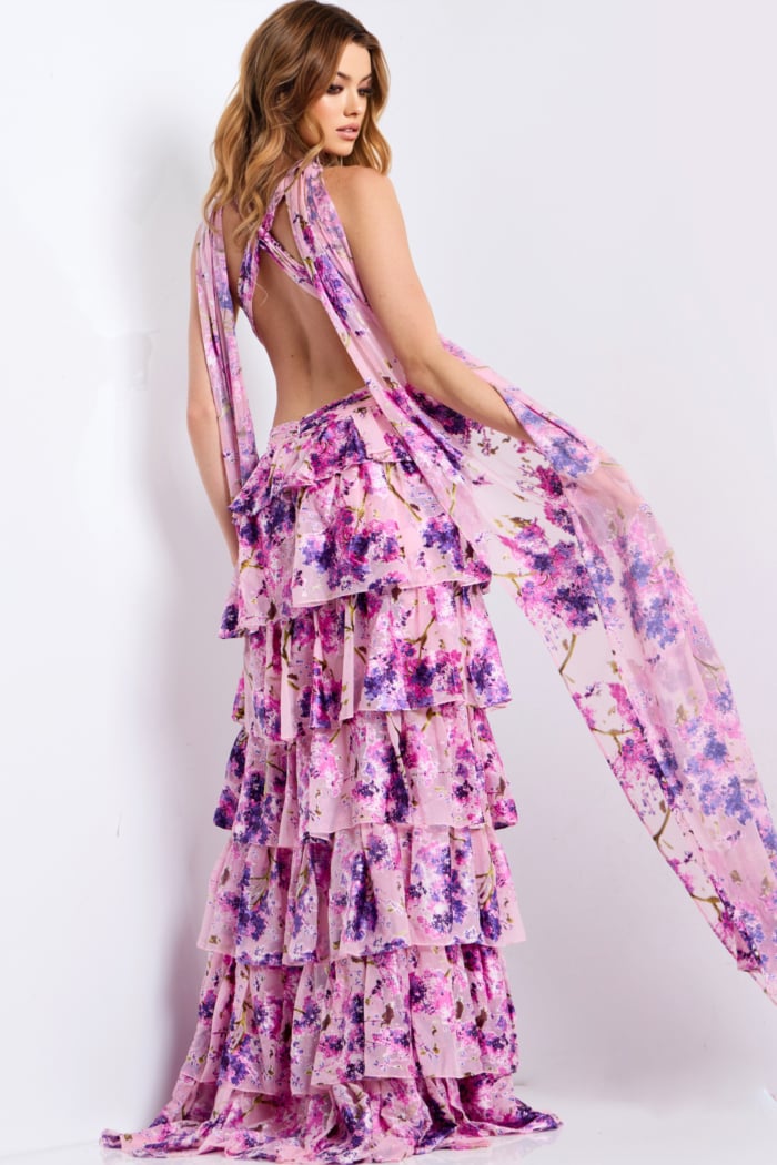Layered ruffle maxi dress in pink and purple floral 48234