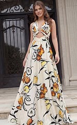 Halter neck gown with front cutout detail and flowing skirt featuring bold floral print