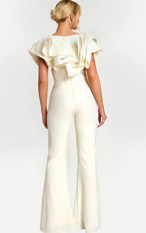 Back view of fitted white jumpsuit with voluminous shoulder ruffles