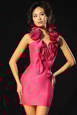 Elegant bodycon dress with sculpted flower details around neckline