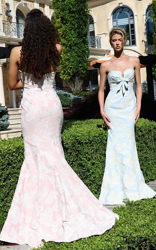 strapless jacquard dress with bow detail