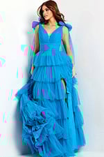 Romantic prom dress with statement bows and tiered layers