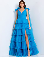 V-Neck Blue Tiered Tulle Gown with Bow Straps and Slit 48288