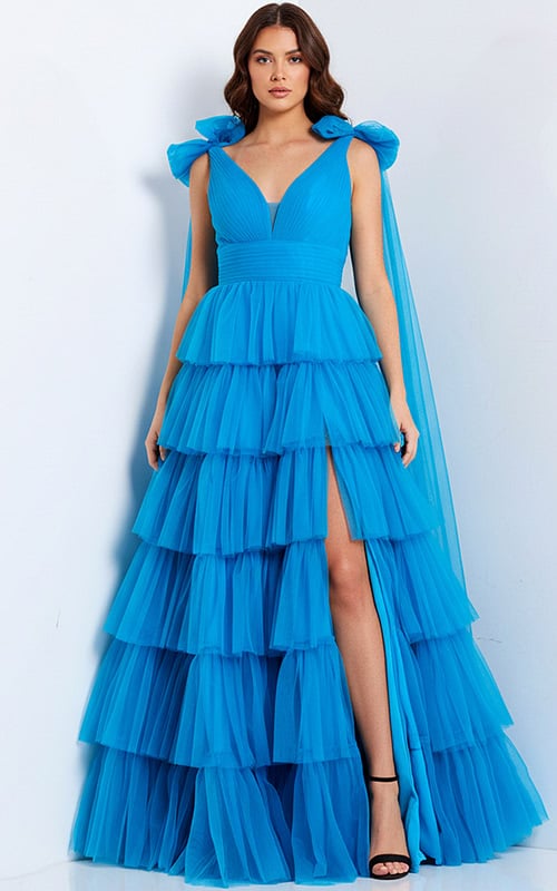 V-Neck Blue Tiered Tulle Gown with Bow Straps and Slit 48288