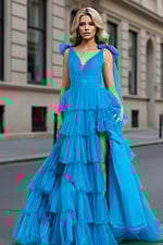 blue tiered skirt and v neckl ball gown 48288
