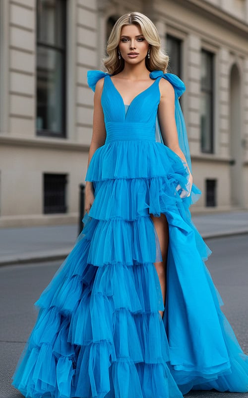 blue tiered skirt and v neckl ball gown 48288