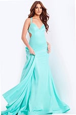 Open back fitted prom dress with draped train