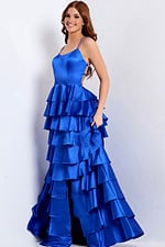 Royal blue layered gown with ruffle skirt and fitted bodice
