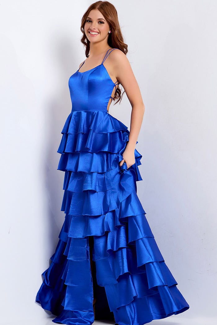 Royal blue layered gown with ruffle skirt and fitted bodice
