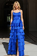 Tiered Satin Ruffle Ball Gown with Strappy Back 48295 - Image 9