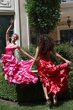 tiered satin dress with spaghetti straps - two girls front, girls jumping dresses flowing barefoot