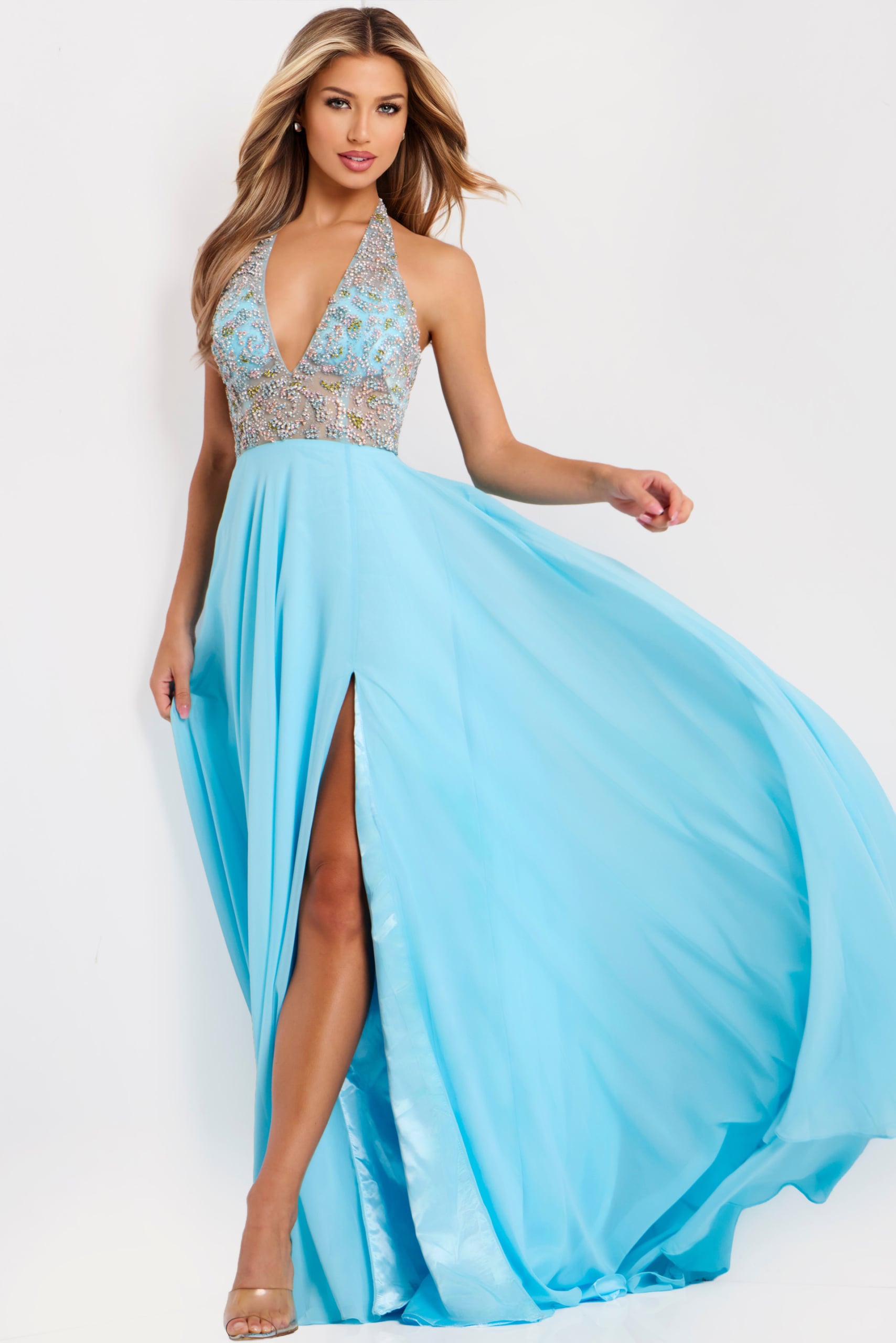 たか 様glamb Kite Shaped Denim カイトシェイプト L. Halter Beaded Bodice A Line Gown 48300 | Jovani