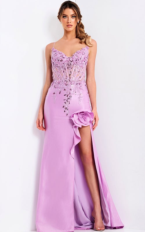 purple floral dress with high slit 48315