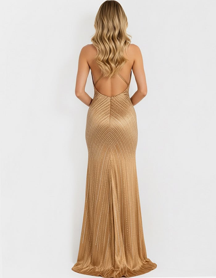open back beaded gold dress