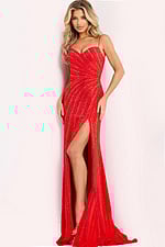 Red sequin prom dress with high slit