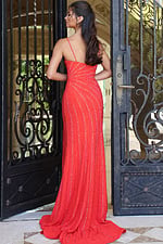 red sequin prom dress with high slit - back view, red striped gown, half-up hair