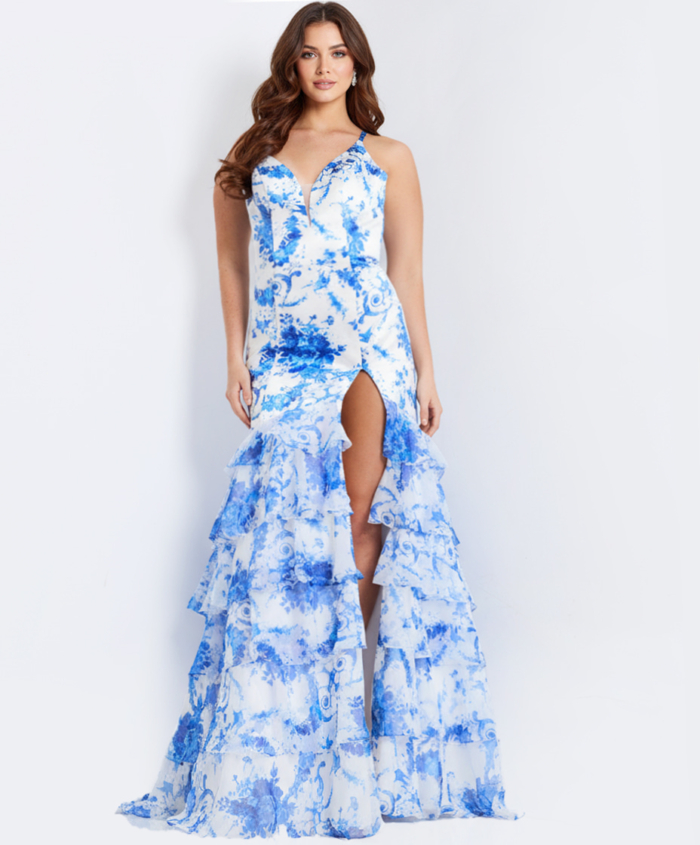 blue formal floral dress Tiered Print Prom With Slit 48331 elegant floral gown