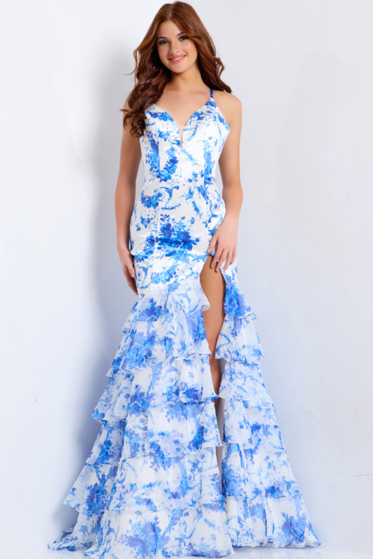 knee length dresses for ladies V-Neck Long Prom Dress with Floral Embellishments main image 1