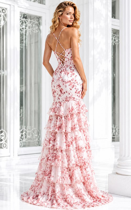 Floral Print Mermaid Gown with Lace-Up Back 48332