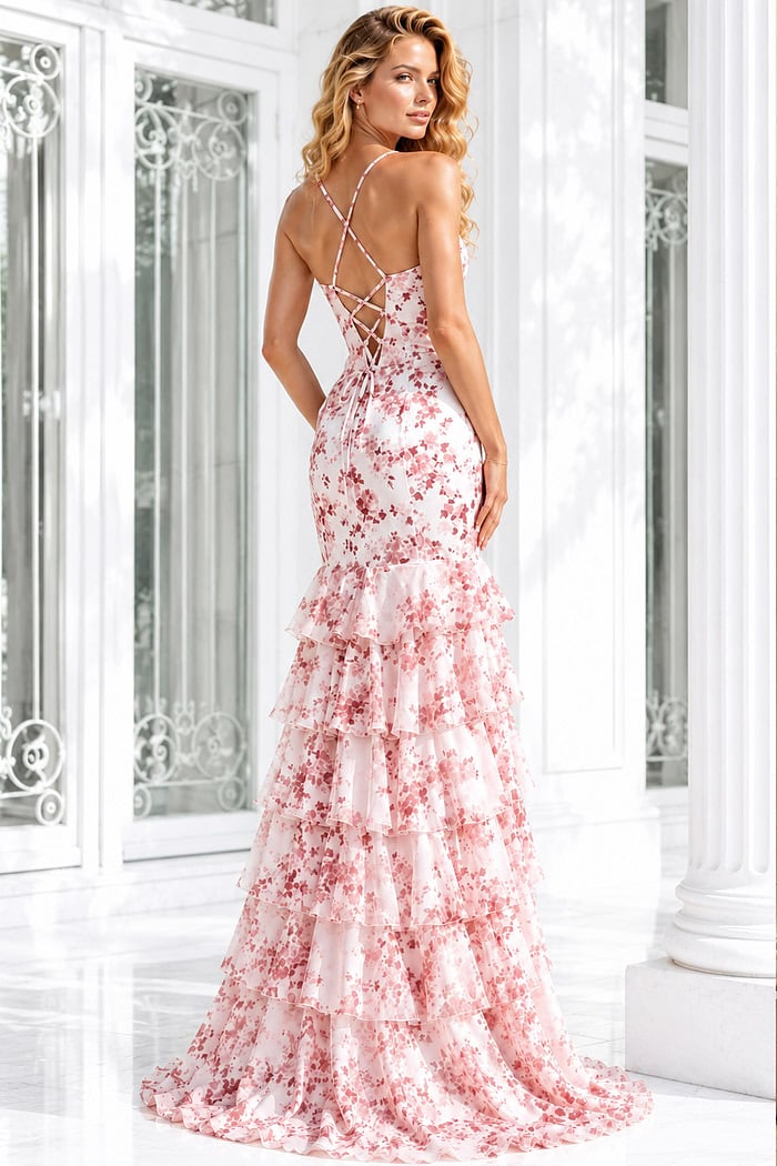 floral print sweetheart neck lace up backless ruffle trim dress Floral Print Mermaid Gown with Lace-Up Back 48332