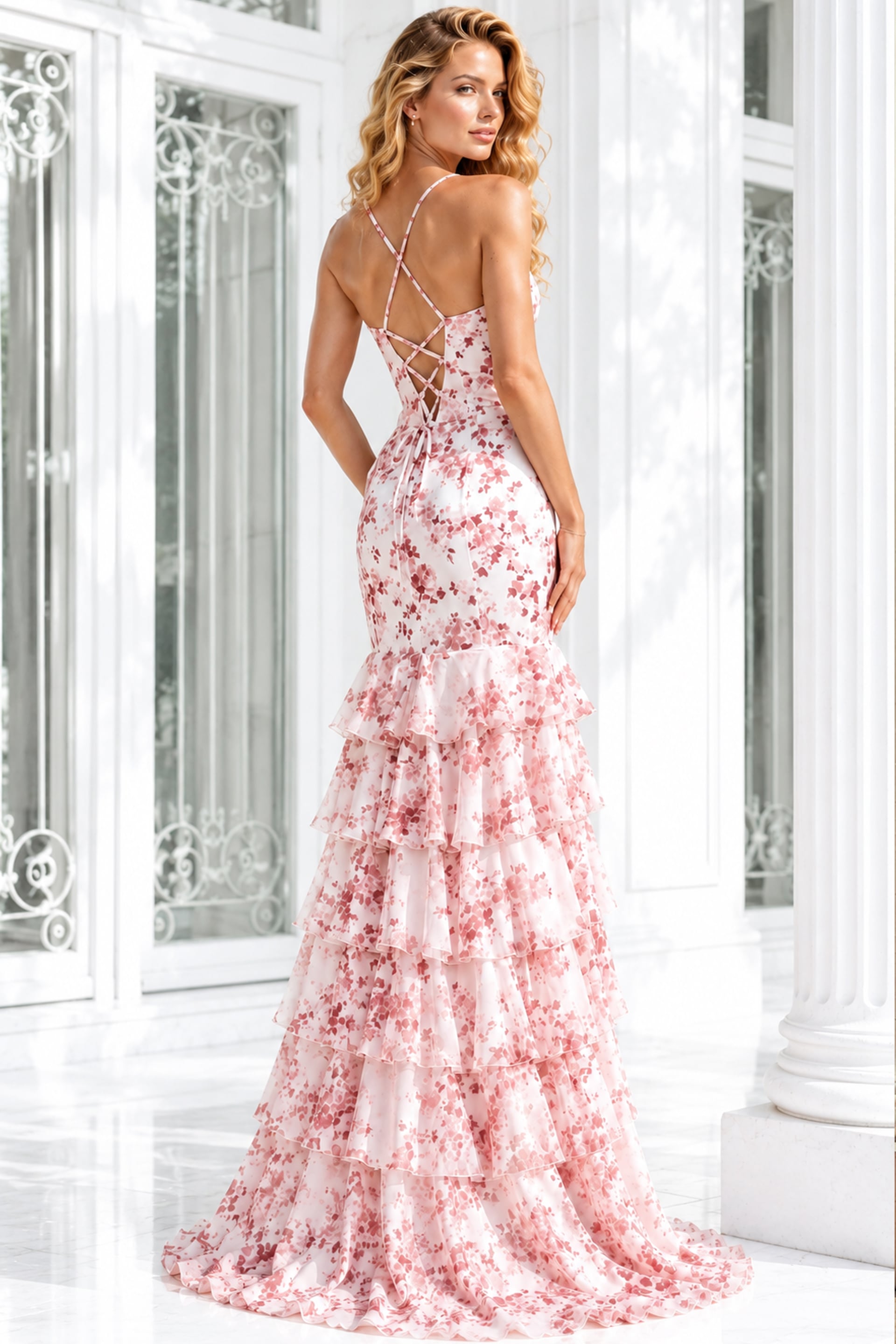Floral Print Mermaid Gown with Lace-Up Back 48332 - Image 5