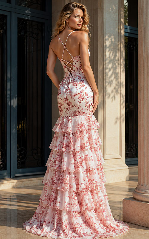 Back view of a floral print mermaid gown with lace-up open back and tiered ruffle skirt