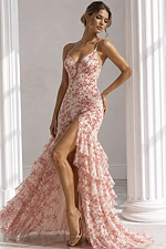 v neckline high slit print dress 48332