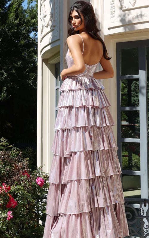 Shimmering layered metallic dress with open back and flowing silhouette