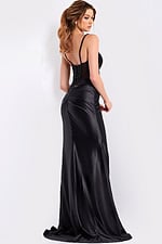 Black satin fitted gown with sheer beaded bodice