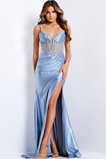 Beaded corset prom dress with satin skirt and high slit