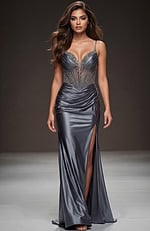 gray sheer bodice embellished satin dress 48368