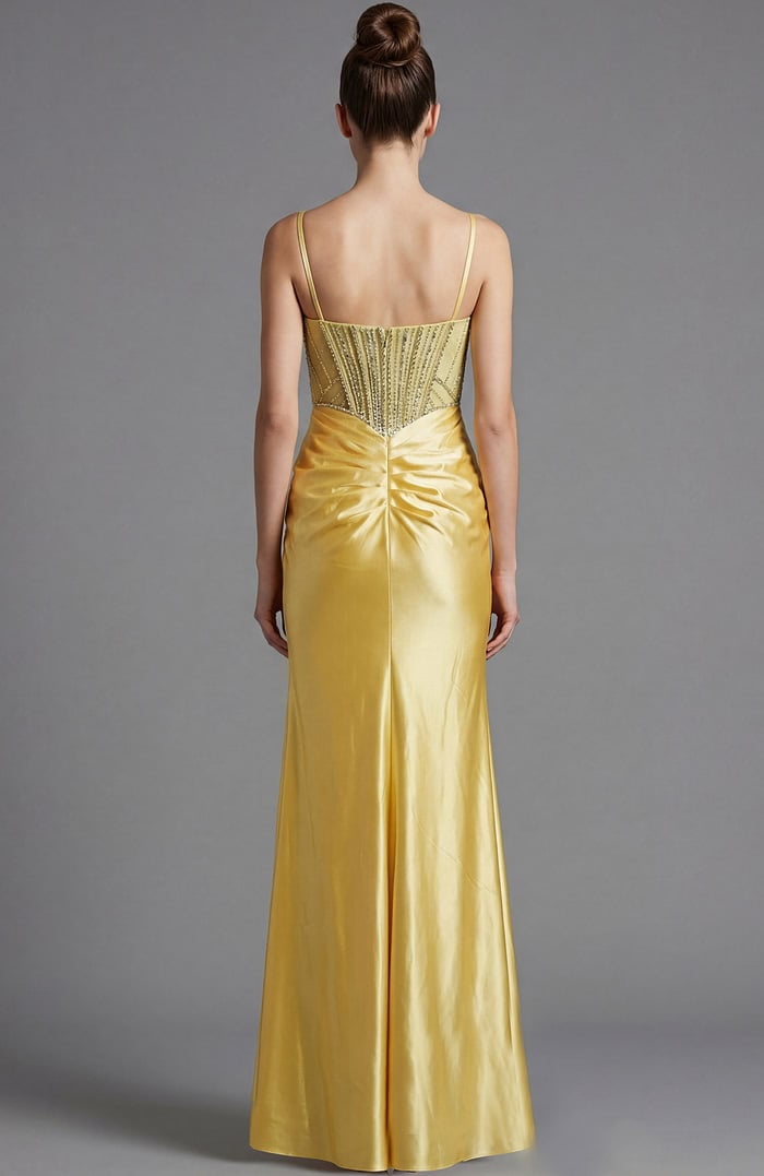 yellow satin dress with beaded corset bodice
