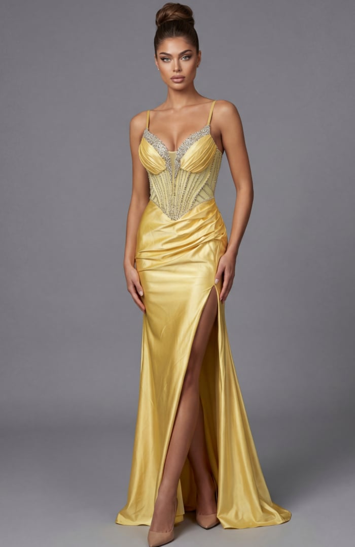 embellished pleated bodice high slit dress 48368