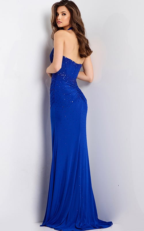 Fitted halter neck formal dress in blue 48373