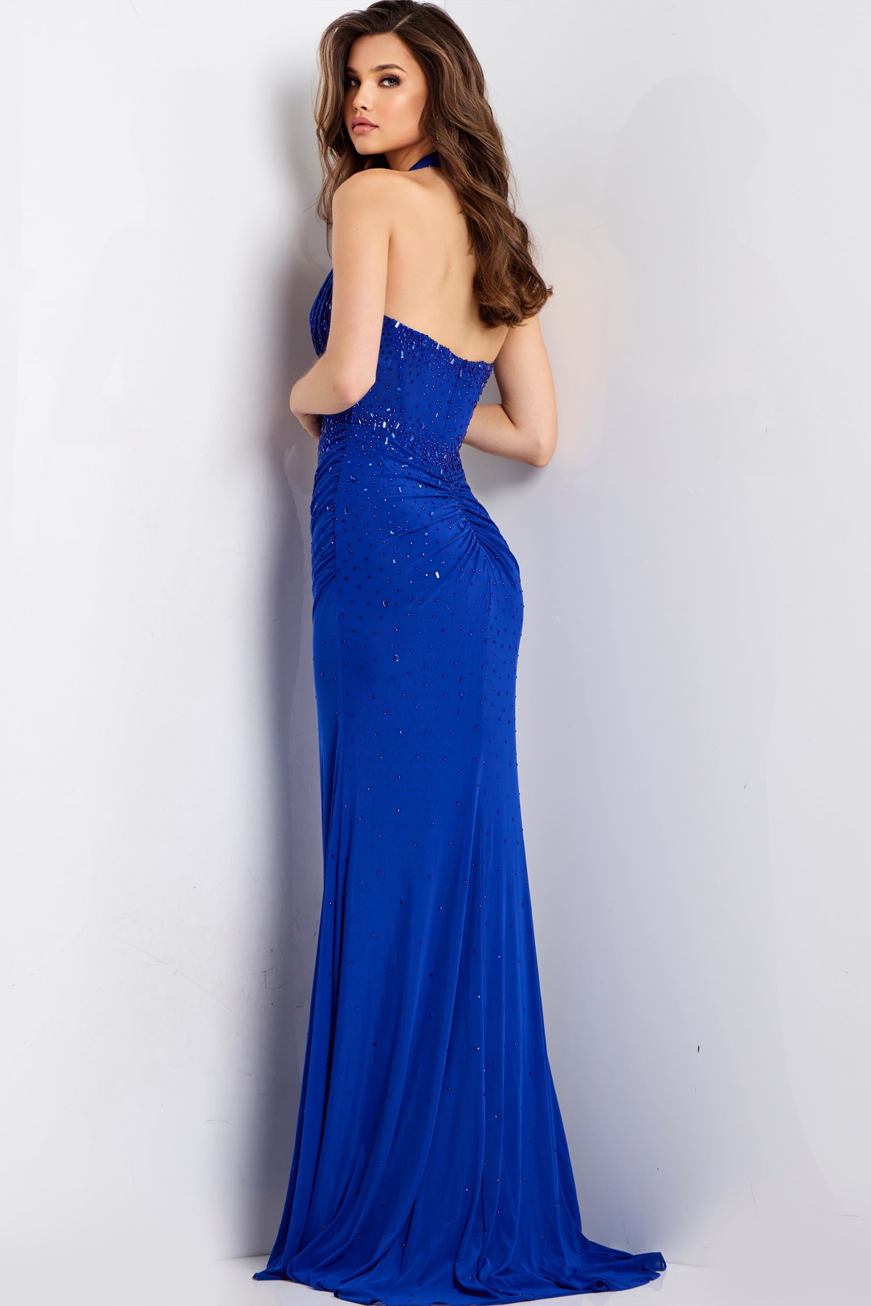 Fitted halter neck formal dress in blue 48373