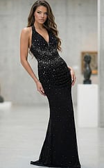 Front view of fitted halter gown with plunging neckline, ruched waist, and subtle crystal embellishments
